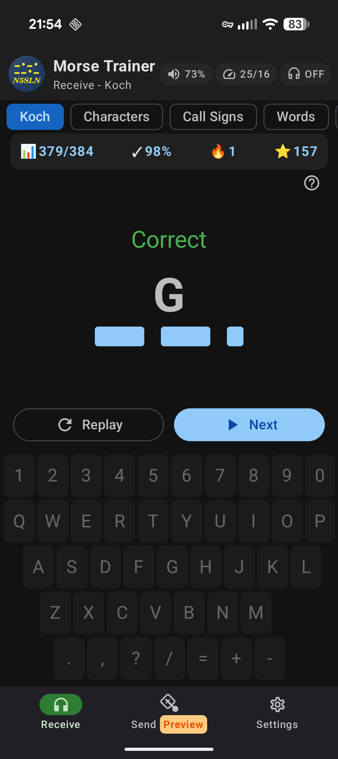 N5SLN Morse Trainer screenshot